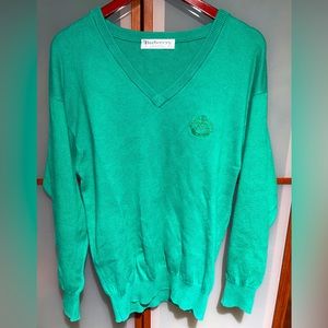 Burberrys Vintage 90s Mens Green V-Neck Sweater Knit Cotton Jumper Size 38 Euro
